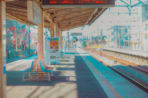 trains, train, station, aesthetic, blue, anime filter, town, japan, tokyo, spotify cover @deoksvn Anime Train Station Aesthetic, Japanese Train Station Aesthetic, Anime Train Station, Train Station Illustration, Aesthetic Train Station, Yume Utsutsu, Japan Train Station, Japanese Train Station, Tokyo Train Station