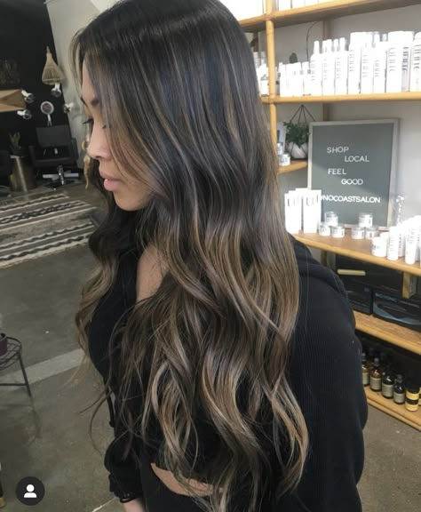 Simple Balayage Dark Hair, Light Brown Dimensional Balayage, Blowout Balayage Hair, Balayage For Dark Brown Hair 2023, Caramel Foilayage On Dark Hair, Black To Brown Hair Balayage, Black Hair With Brunette Balayage, Dark Blonde Balayage On Black Hair, Dark Hair With Subtle Blonde Highlights