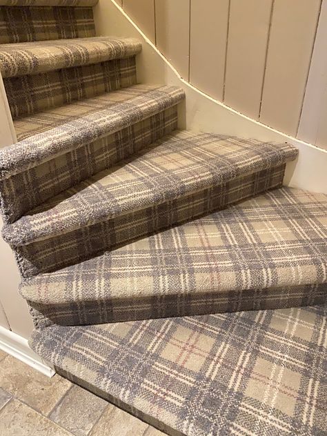 Stair Upgrade, Stairs Upgrade, Stair Carpet Ideas, Tartan Stair Carpet, Stripy Stair Carpet And Landing, Grey Striped Stair Carpet, Patterned Stair Carpet, Grey Tartan Carpet, Stairway Carpet