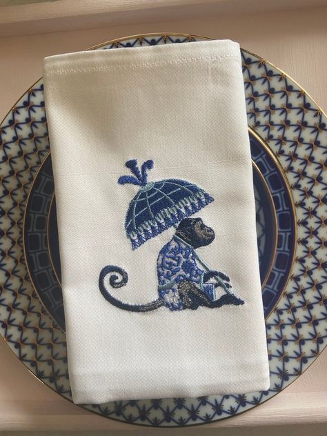 Chinoiserie Embroidery, Blue And White Table Setting, White Table Setting, White Monkey, Table Wear, Bunny Napkins, Chinoiserie Blue, Brand Aesthetic, Blue And White Chinoiserie