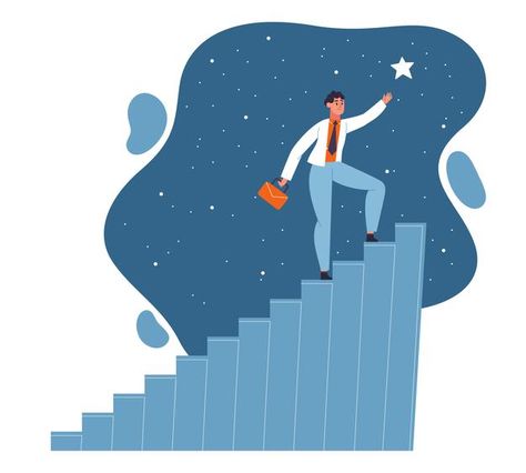 Reaching dream wish, goal achievement, p... | Premium Vector #Freepik #vector #business #star #man #character One Step At A Time Illustration, Motivation Illustration Inspirational, Goals Pictures Aesthetic, Reaching Goals Aesthetic, Achievements Aesthetic, Achievement Drawing, Skill Aesthetic, Improvement Illustration, Goal Drawing