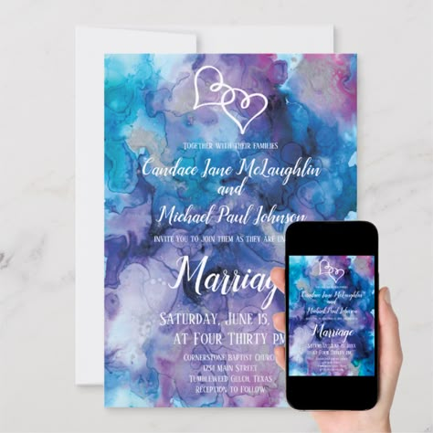 Blue Purple Watercolor Double Hearts Wedding Invit Invitation https://www.zazzle.com/blue_purple_watercolor_double_hearts_wedding_invit_invitation-256055265290748180?rf=238253331811171847&tc=pthao Purple Teal And Sunflower Wedding, Mermaid Wedding Color Scheme, Wedding Blue And Purple Theme, Blue And Purple Wedding Invitations, Royal Blue And Purple Wedding Theme, Light Blue And Purple Wedding, Blue And Purple Wedding Theme, Royal Blue And Purple Wedding, Purple Teal Wedding