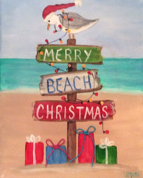 Beach Christmas Cards, Beach Christmas Painting, Coastal Christmas Painting, Christmas Beach Paintings, Tropical Christmas Painting, Tropical Santa, Christmas On The Beach Painting, Beach Christmas Illustration, Christmas In July Illustrations