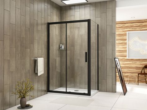 Black Frame Sliding Shower Enclosure Door Cubicle SidePanel NANO Glas and Tray  | eBay Walk In Wet Room, Doors Pivot, Shower Sliding Glass Door, Wet Room Screens, Pivot Door, Shower Trays, Wet Room, Quadrant Shower Enclosures, Quadrant Shower