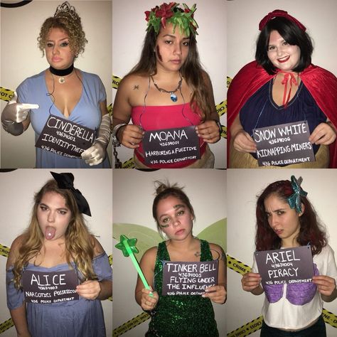 #halloween #costume #diy #princess #disney #mugshot #cinderella #moana #snowwhite #alice #tinkerbell #ariel #thelittlemermaid Princess Mugshots Costume, Disney Princess Mugshots, Cinderella Costume Diy, Unique Group Halloween Costumes, Princess Costume Diy, Ariel Halloween Costume, Disney Princess Halloween, Diy Group Halloween Costumes, Princess Halloween