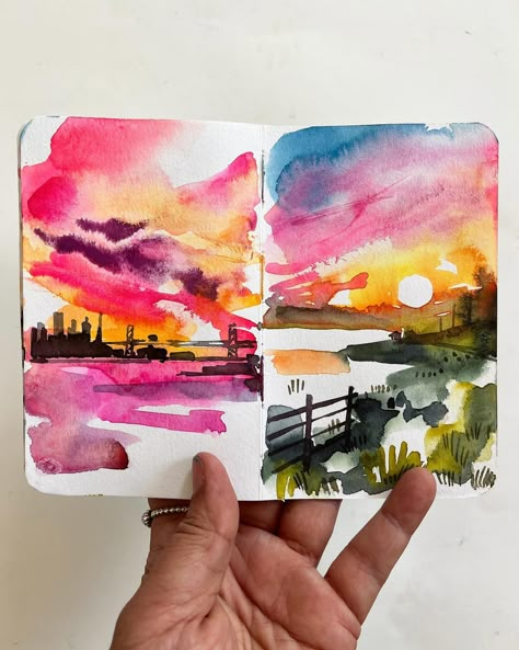 🌅I’ve been painting watercolour sunsets for myself to achieve ‘quick wins’ in several sketchbooks. Blending colors and timing the addition of pigments has been a practice in mindfulness and patience. I even sewed together a small sketchbook for myself (scroll through) that fits in the palm of my hand, allowing me to capture imaginary sunsets with just a few swift strokes at the end of each work day. 🧡I don’t feel compelled to share all my sunsets because it’s solely for my own fulfillment an... Quick Watercolor Ideas, Watercolour Art Ideas Inspiration, Watercolor Sketchbook Ideas, Landscape Sketching, Watercolour Sketchbook, Blending Colors, Sunset Watercolor, Small Sketchbook, Watercolor Sunset