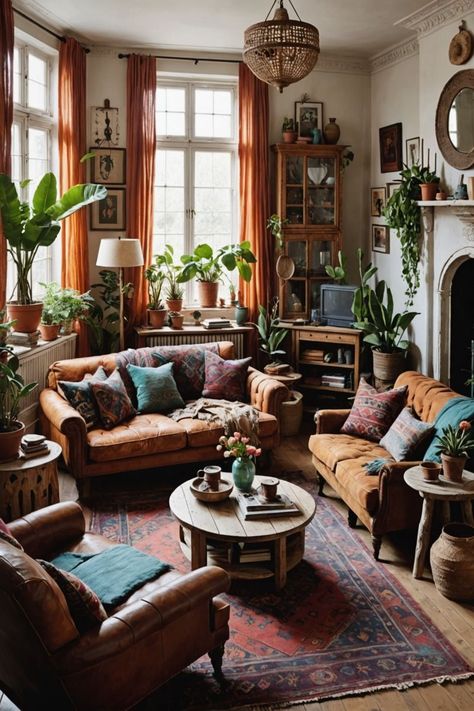 Cluttered Aesthetic Living Room, Cozy Bright Living Room Small Spaces, Creative Living Room Layouts, Academic Aesthetic Living Room, Home Bohemian Style, 100 Sq Ft Living Room, Eclectic Home Decor Living Room, Eclectic Decor Aesthetic, Folk Home Aesthetic