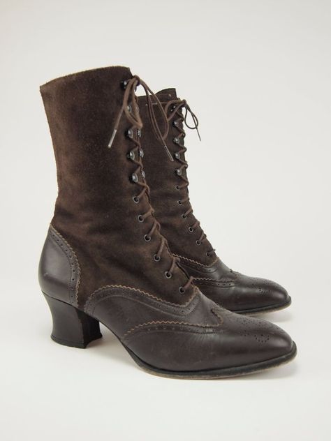 1980s LAURA ASHLEY Vintage Suede Leather Wingtip Fashion Lace Boots 1980 Shoes, Vintage Leather Lace-up Boots, Winter Shoes Aesthetic, Vintage Brown Boots With Laces, Vintage Leather Lace-up Ankle-high Boots, Fantasy Boots, Brown Victorian Boots, Vintage Brown High Heel Lace-up Boots, Laura Ashley Fashion