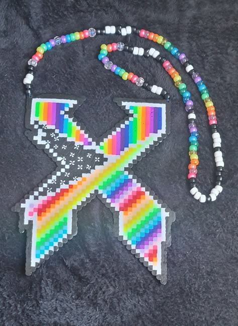 Large Rianbow Black and White Excision Perler Necklace. There are some UV reactive accents in the perler. Lost Land Perler, Rave Perler Bracelets, Zeds Dead Perler, Excision Perler Pattern, Excision Perler, Rave Perler, Bass Canyon, Rave Candy, Kandi Perler