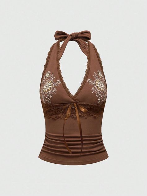 Brown Casual Collar  Fabric Colorblock,Floral,Plants Halter Embellished High Stretch  Women Clothing Tied Halter Top, Cross Strap Top, Halter Top Outfit Y2k, Native Clothing Women Style, Cinched Top, Y2k Off Shoulder Top, Vacation Tops For Women, Lace Up Back Top, Bohemian Tops For Women