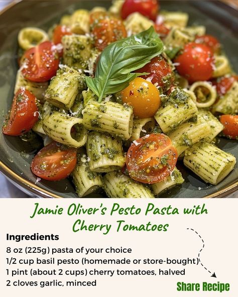 🍴 Ready for a quick and flavorful meal? Try Jamie Oliver's Pesto Pasta with Cherry Tomatoes! 🍝🍅 Ingredients: • 8 oz (225g) pasta of your choice • 1/2 cup basil pesto (homemade or store-bought) • 1 pint (about 2 cups) cherry tomatoes, halved • 2 cloves garlic, minced • 2 tablespoons olive oil • Salt and pepper to taste • Grated Parmesan cheese, for serving • Fresh basil leaves, for garnish (optional) Directions: 1. Cook the pasta in a large pot of salted boiling water according to package in... Jamie Oliver Pesto, Pasta With Cherry Tomatoes, Cherry Tomato Pasta, Homemade Pesto, Basil Pesto, Basil Leaves, Pesto Pasta, Jamie Oliver, Boiling Water