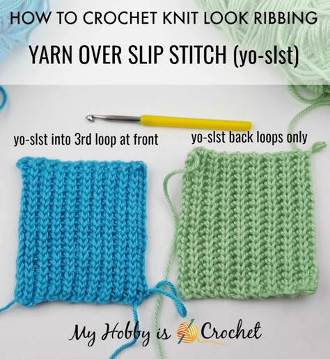 How to crochet Knit Look Ribbing - Yarn Over Slip Stitch into 3rd. Loop at the Front Crochet 3rd Loop, Crochet Knit Like Stitch, Knit Looking Crochet Stitch, Slip Stitch Back Loop Crochet, Crochet Slip Stitch Ribbing, Yarn Over Slip Stitch Crochet, Knit Like Crochet Stitch, Knit Look Crochet Stitch, Slip Stitch Back Loop