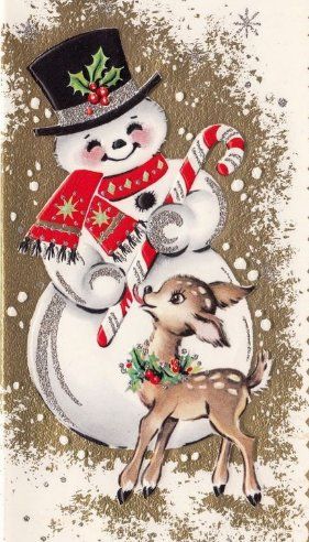 Images Noêl Vintages, Vintage Holiday Cards, Vintage Snowman, Vintage Christmas Images, Old Christmas, Old Fashioned Christmas, Christmas Scenes, Baby Deer, Vintage Christmas Cards