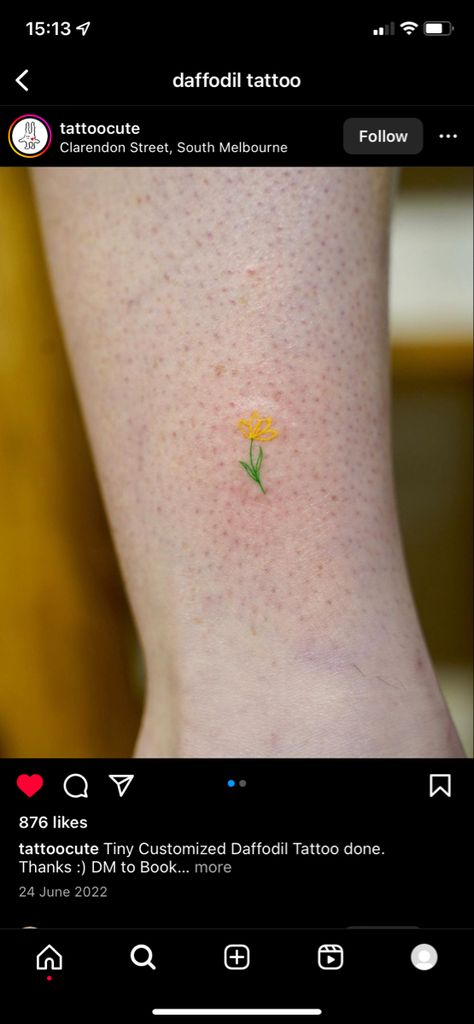 Yellow Daffodils Tattoo, Dainty Daffodil Tattoo Design, Tiny Daffodil Tattoo, Simplistic Daffodil Tattoo, Daffodil Fine Line Tattoo, Yellow Tattoo, Daffodil Tattoo, Yellow Daffodils, Tattoo Project