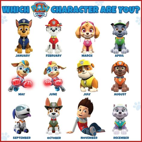 PAW Patrol on Instagram: “🐶Your birthday month corresponds to the PAW character you're going to #StayHome with. Who are you with? 💙#PAWPatrol . I'm with Rocky! 🐶💚 .…” Paw Patrol All Characters, Paw Patrol Names, Paw Patrol Cartoon Characters, Baby Walrus, Paw Patrol Mighty Movie, Your Birthday Month, Dog Tracker, Paw Patrol Rescue, Paw Patrol The Mighty Movie