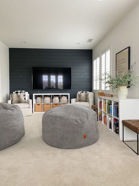 Teenage Hangout Room Ideas Basements, Playroom Hangout Rooms, Playroom And Lounge Room, Built In Shelves In Playroom, Functional Playroom Family Rooms, Media Room And Playroom, Small Loft Ideas Upstairs Kids, Teenage Rec Room, Small Media Room Ideas Cozy