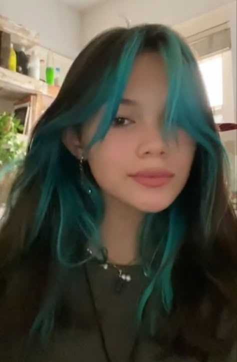 Different Color Money Pieces, Teal Bangs Brown Hair, Underneath And Front Dyed Hair, Dye Front Strands Of Hair, Mid Length Dyed Hair, Dark Hair With Blue Peekaboo, Hair Dye For Straight Hair, Colorful Hair Dye Ideas For Brunettes, Blue Front Strands Of Hair