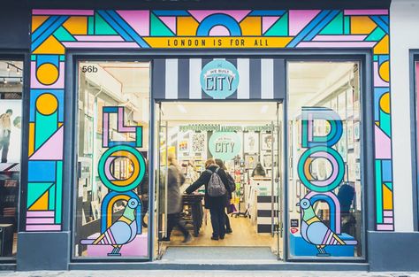 Supermundane sends out a message of inclusivity with shopfront mural for London's creative-led souvenir store... We Built This City, Window Mural, Store Signage, Shop Facade, Souvenir Store, Storefront Design, Window Display Design, Carnaby Street, Window Graphics