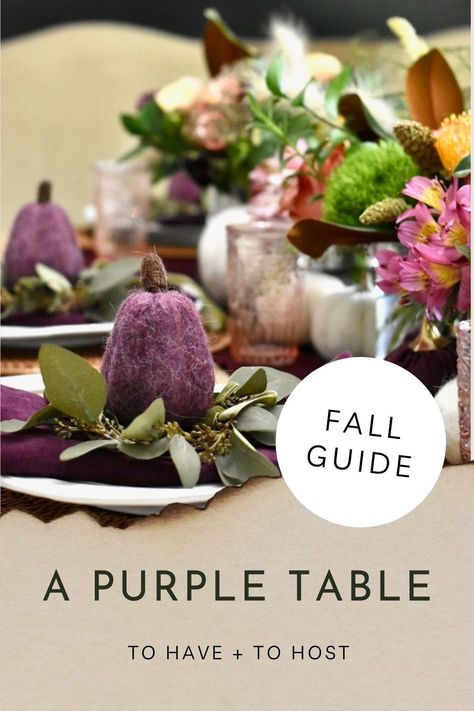 Purple Thanksgiving Tablescape, Purple Tablescape, Coffee Table Fall Decor, Purple Table Settings, Tablescape Thanksgiving, Orange Fall Decor, Pumpkin Tablescape, Fall Dining Table Decor, Pumpkin Table Decorations