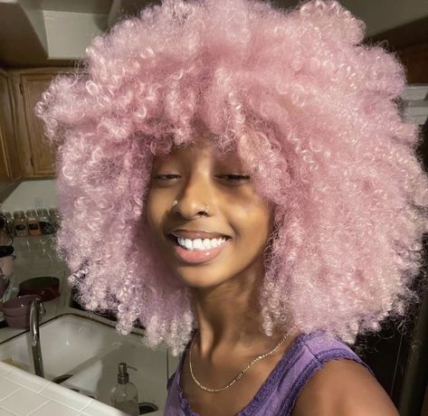 Baby Pink Hair Black Women, Pink Afro, Pink Afro Hair, Lavender Afro, Pink Curly Hair Black Women Wig, Pink Coily Hair, Curly Pink Hair, Curly Pink Hair Aesthetic, Cotton Candy Pink Hair On Black Women