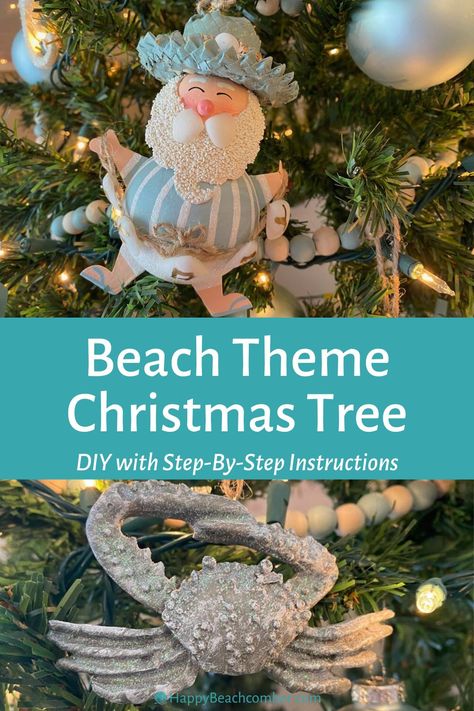 Seashore Christmas Decorations, Beachy Christmas Trees, Beach Theme Christmas Wreath, Beach Themed Christmas Trees, Beach Christmas Tree Ideas, Beach Christmas Ideas, Diy Coastal Christmas Decor, Diy Coastal Christmas Ornaments, Beach Themed Christmas Tree