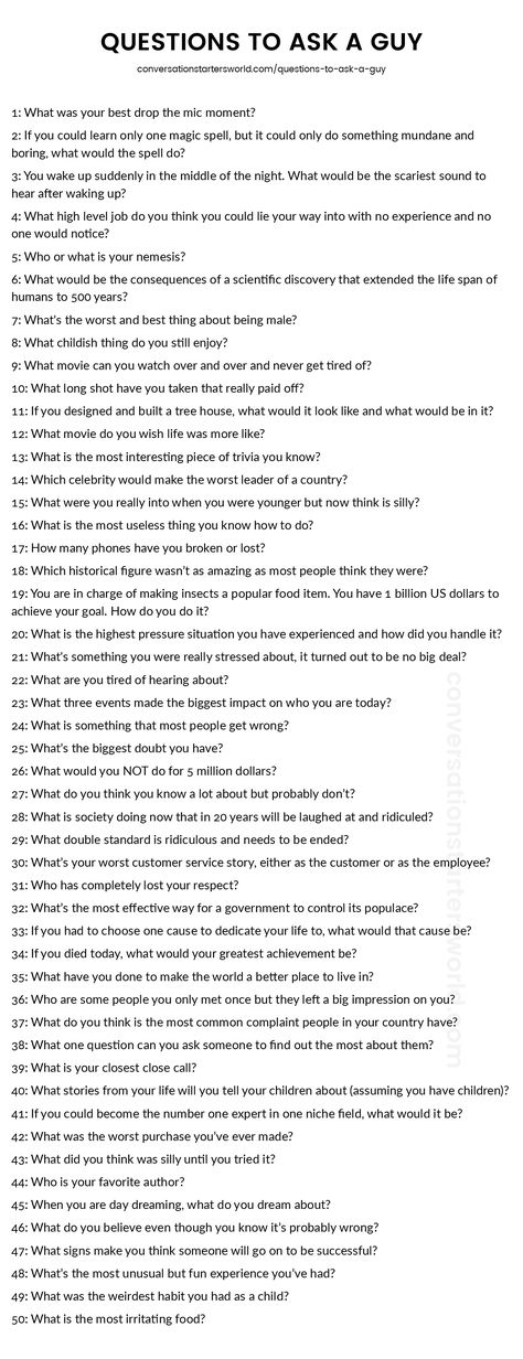 List of questions to ask a guy Loaded Questions List, 50 Facts About Me Questions, Questions To Ask Your Guy Best Friend, Convo Starters, Questions To Ask A Guy, Conversation Starter Questions, Random Questions, Conversation Questions, 21 Questions