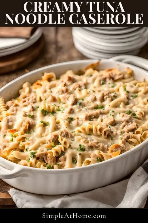 Simple Creamy Tuna Noodle Casserole • Simple At Home Tuna Noodle Casserole No Cheese, Homemade Tuna Noodle Casserole, Homemade Tuna Helper Recipes, Tuna Noodle Casserole With Mac N Cheese, Best Tuna Noodle Casserole, Homemade Tuna Helper, Creamy Tuna Noodle Casserole, Tuna Helper Recipe, Tuna Helper