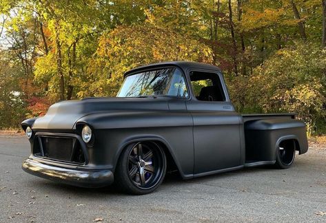 If Batman had a farm truck? Dale’s #protouring “ZRT-1” 1957 #Chevy #chevy3100 #pickup was built by #SnakepitCustoms. It’s powered by a supercharged LT5 and rides on a Roadster Shop Fast Track chassis, the #Forgeline #FlushLoc #centerlock conversion, and 19x10/20x13 Forgeline #RS6 wheels finished with Satin Black centers, Satin Black outers, and three-eared knock-off style centerlock nuts! See more at: https://forgeline.com/customer-gallery/dale-dillon 1957 Chevy Truck, 55 Chevy Truck, 1959 Chevy Truck, 57 Chevy Trucks, Pro Touring Cars, Chevy Stepside, Car Modified, Roadster Shop, Lowrider Trucks