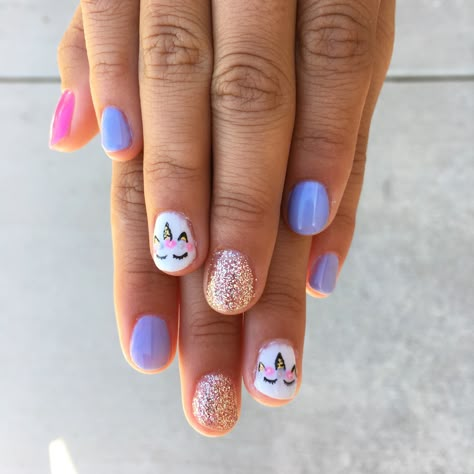 Unicorn nails. Little girl nails. Gel polish designs. @kyrasbeautykorner Unicorn Nails Designs, Unicorn Nail Art, Gel Polish Designs, Kids Nail Designs, Girls Nail Designs, Kids Nail Polish, Nail Art For Kids, Watermelon Nails, Summer Nail Art