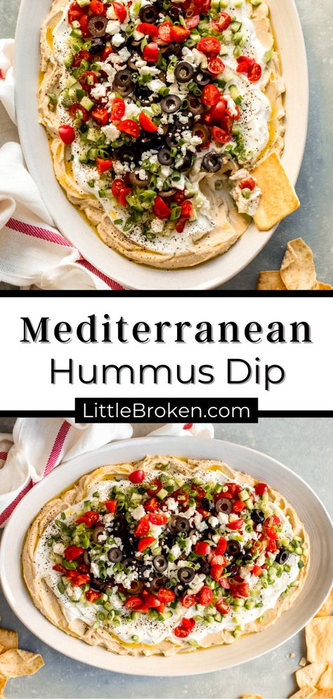 Hummus Tzatziki Platter, Mediterranean Layered Hummus Dip, Loaded Hummus And Feta Dip, Greek Layered Hummus Dip Recipe, Greek Chicken Dip, Hummus Tabouli Feta Dip, Greek Hummus Board, Greek Tapas Platter, Greek Hummus Dip Layered