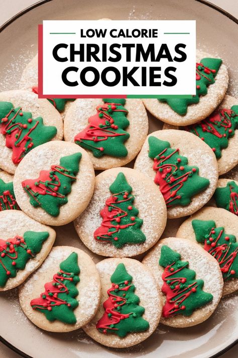 Christmas cookies decorated with red and green icing shaped like trees, labeled "Low Calorie Christmas Cookies". Christmas Cookies For Diabetics, Low Calorie Christmas Cookies, Low Calorie Christmas, Fat Cookies, Low Fat Cookies, Low Calorie Cookies, Homemade Christmas Cake, Healthy Christmas Cookies, Healthy Holiday Treats