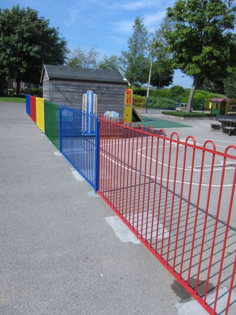 Play Spec Metal Bow Top Fencing Playground Fence, Patio Layout, Metal Bow, White Fence, Fencing & Gates, Home Themes, Leaf Designs, Bow Top, Iron Fence