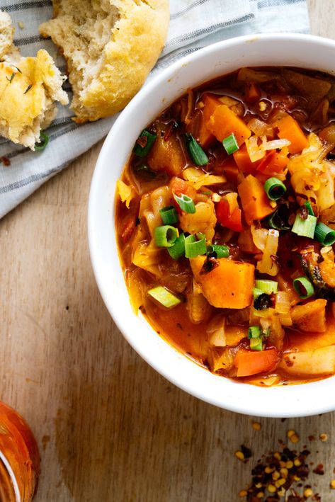 Spicy Kimchi Soup with Sweet Potatoes – Luv Cooks Potato And Cabbage Soup, Easy Vegetarian Soup, Potato And Cabbage, Kimchi Soup, Spicy Kimchi, Cabbage Soup Recipe, Cabbage Stew, Sweet Potato Soup Recipes, Cabbage Soup Recipes