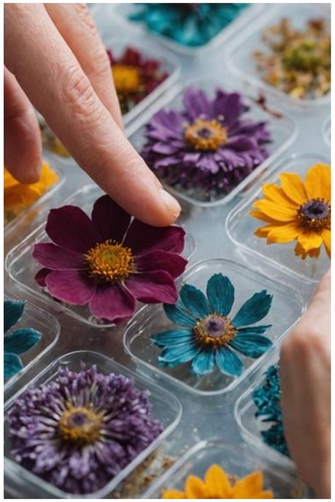 Person arranging colorful dried flowers in a tray of small compartments. Dry Flower Crafts, Flower Resin Art, Dry Flowers For Resin, Flower Petal Art, Art With Flowers, Drying Flowers, Acrylic Pouring Techniques, Bring Nature Indoors, Big Yard