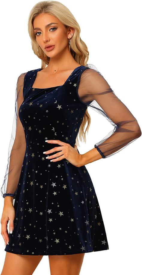 Allegra K Women's Mesh Sheer Puff Long Sleeve Square Neck Glitter Star Mini Velvet Dress Small Black Winter Ball Dresses, Sparkly Mini Dress, Shirt Dress Pattern, Puff Long Sleeves, Glitter Dress, Royal Blue Dresses, Glitter Stars, Black Velvet Dress, Star Dress