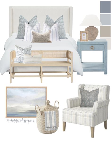 Coastal Guest Bedroom, Blue And Cream Bedroom, Decor Mood Board, Coastal Bedroom Decor, Costal Bedroom, Beachy Bedroom, Beach House Bedroom, Coastal Bedroom Decorating, Beach House Interior Design