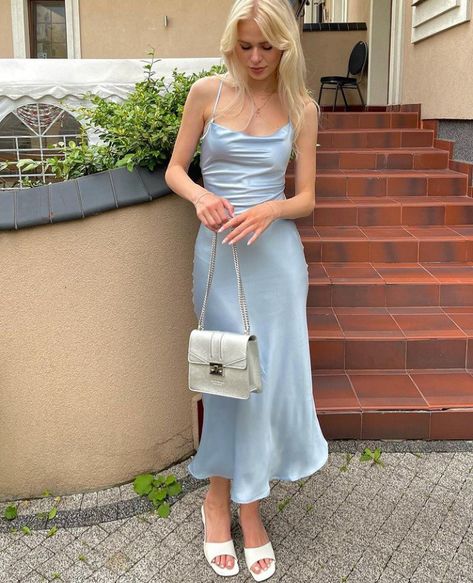 Light Blue Silk Dress, Strappy Sandals Outfit, Linda Sza, Girl Silk Dress, Blue Slip Dress, Blue Silk Dress, Bts Inspired Outfits, Blue Dress Formal, Light Blue Dresses