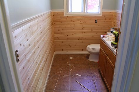 Lowes- cedar tongue n groove planks (for wainscotting) - use for shiplap in bathroom upstairs Cabin Bungalow, 1920s Bathroom, Cedar Tongue And Groove, Spare Bathroom, Attic Office, Cedar Walls, Lake Ideas, Shiplap Bathroom, House Redo