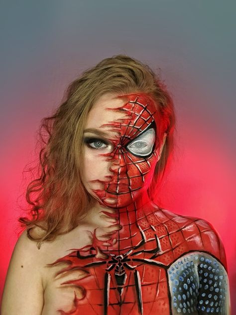 Spiderman super hero makeup Spider Man Makeup, Venom Makeup, Spiderman Makeup, Zombie Prom, 2023 Ideas, Face Paint Makeup, Male Makeup, Halloween Make Up, Halloween 2024