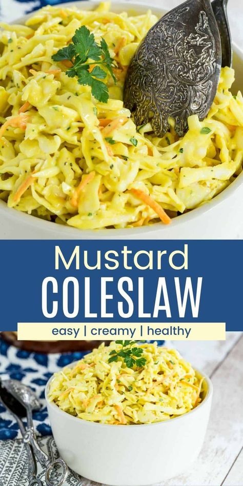 Creamy Mustard Coleslaw - the classic barbecue side dish is made extra tangy with yellow mustard and healthy with Greek yogurt! It's an easy summer cookout staple to serve with your favorite grilled dishes or on top of a BBQ pulled pork or chicken sandwich! Mustard Slaw Recipe, Mustard Coleslaw Recipe, Mustard Coleslaw, Healthy Coleslaw Recipes, Bbq Side Dish, Easy Summer Side Dishes, Easy Coleslaw, Coleslaw Recipe Easy, Bbq Chicken Breast