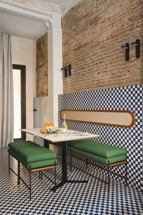 viruta lab uplifts 1940s valencian house with checkered surfaces Checkered Flooring, Wooden Gazebo, Outdoor Sinks, Compact House, Joinery Details, Brick Texture, White Mosaic, Patio Interior, Story House