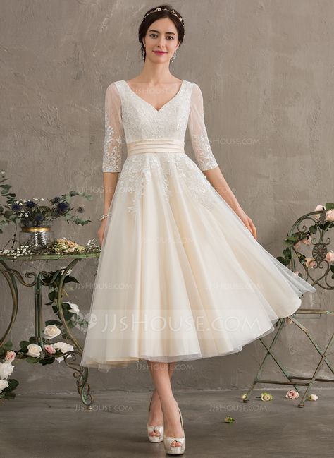 Ball-Gown/Princess V-neck Tea-Length Tulle Wedding Dress (002186383) - JJ's House Wedding Ball Gown Princess, Tea Length Wedding Dresses Lace, Wedding Dress Tea Length, White Frock, Vowel Renewal, Tea Length Tulle, Wedding Dress Silhouette, Second Wedding, Buy Wedding Dress