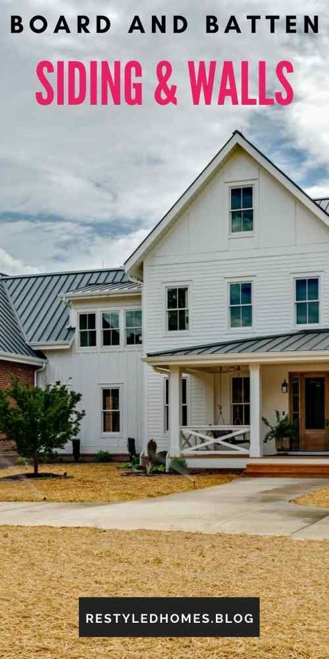 Board And Batten Accent Exterior, Board And Batten Gable, Horizontal Board And Batten, Old Farmhouse Exterior, Installing Wainscoting, Board And Batten Exterior, Waterfall House, Farmhouse Trends, Modern Farmhouse Diy