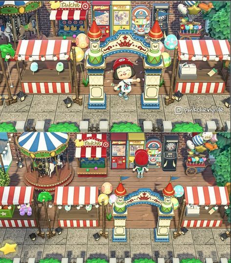 Animal Crossing Carnival Design, Acnh Carnival Ideas, Acnh Maps, Anch Ideas, Animal Crossing Hair, Acnh Beach, Acnh Kidcore, Firework Stands, Carnival Design