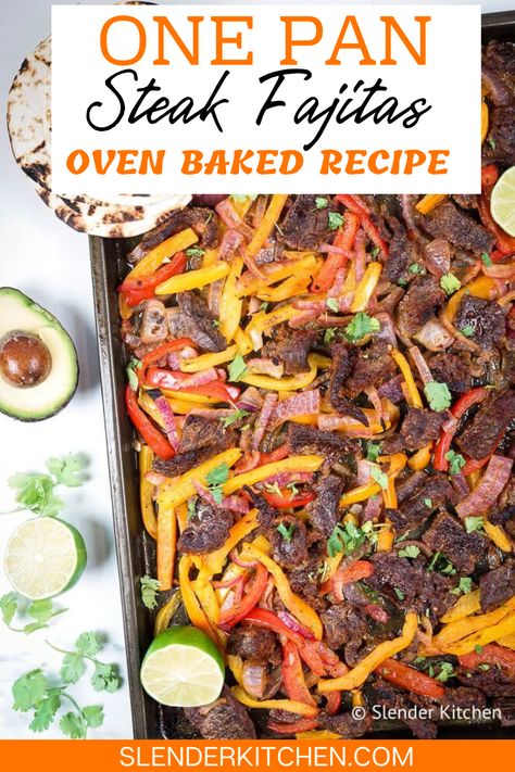 One Pan Fajitas is an easy oven baked steak fajita recipe that is made on a sheet pan. This sheet pan dinner is easy prep, quick cook, and the ultimate dinner that the whole family will gobble right up. Add your favorite fajita toppers and ring that dinner bell. Baked Fajitas Steak, One Sheet Pan Fajitas, Easy Sheet Pan Steak Fajitas, Healthy Sheet Pan Fajitas, Beef Fajita Sheet Pan Recipe, Oven Beef Fajitas, Steak Fajita Sheet Pan Dinner, Sheet Pan Flank Steak Fajitas, Fajita Oven Recipe