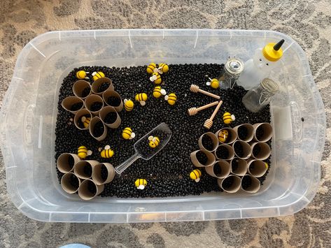 I’ve been excited about this one. Black beans, felt bees, and honeycomb made out of toilet paper tubes. I added in some little jars, an old honey bottle, and some scoops. Felt Bees, Bees And Honeycomb, Toilet Paper Tubes, Honey Bottles, Toilet Paper Tube, Sensory Bin, Bee Theme, Sensory Bins, Black Beans