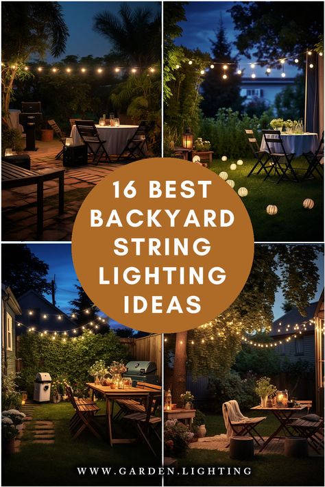 a collage of photos of backyard lighting ideas Outdoor String Lights On Fence, Bistro Lights Backyard Patio, Twinkle Lights On Fence, Backyard String Lights Pool, Patio Lights Ideas Outdoor, Stringing Outdoor Patio Lights, Outdoor Patio With Lights, Edison Lighting Outdoor Patio Ideas, Back Yard Lights Outdoor