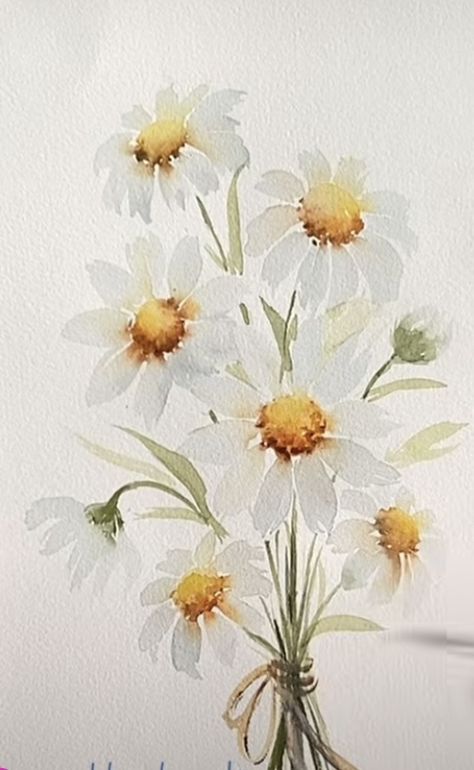 Watercolor Daisies Simple, Daisy Watercolor Painting Easy, Daisy Watercolor Painting, Watercolour Daisy, Painting Basics, Daisy Watercolor, Bouquet Of Daisies, Watercolor Painting Easy, Class Painting