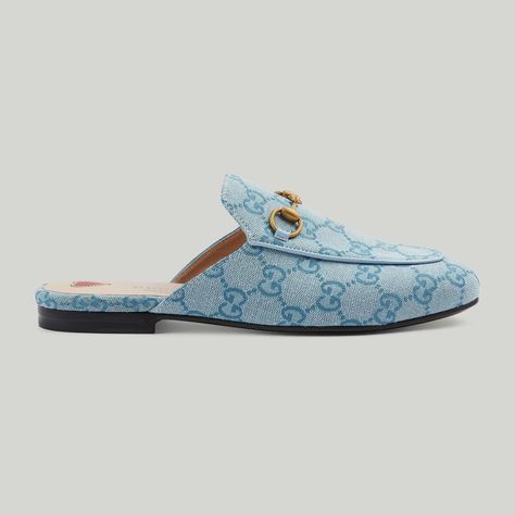 Women's Princetown GG slipper in light blue canvas | GUCCI® US Porcelain Light, Gg Monogram, Gucci Tote, Womens Mules, Blue Canvas, 5 Inch Heels, Leather Mules, Gucci Shoes, Blue Dark