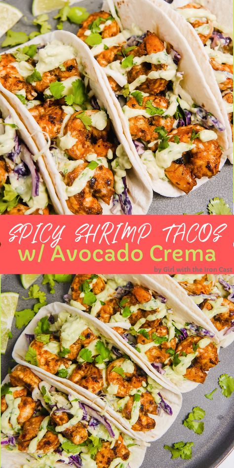 Macro Friendly Shrimp Tacos, Coleslaw Shrimp Tacos, Avocado Crema Tacos, Low Carb Spicy Shrimp Tacos, Grilled Shrimp Tacos Marinade, Healthy Dinner Shrimp Recipes, Shrimp Tacos Spicy, Shrimp Coleslaw Tacos, Shrimp Tacos Seasoning Recipes